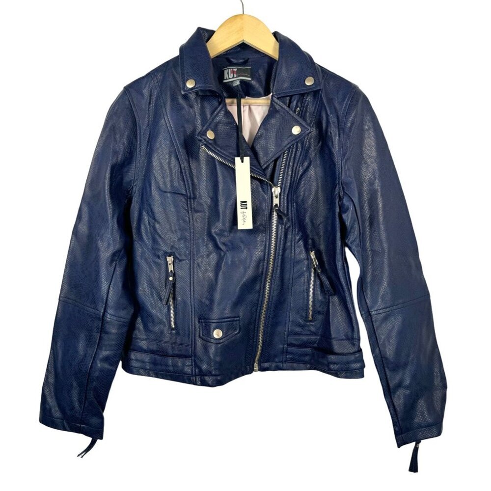 Kut From Kloth Faux Leather Snake‎ Skin Moto Jacket dark blue sz M